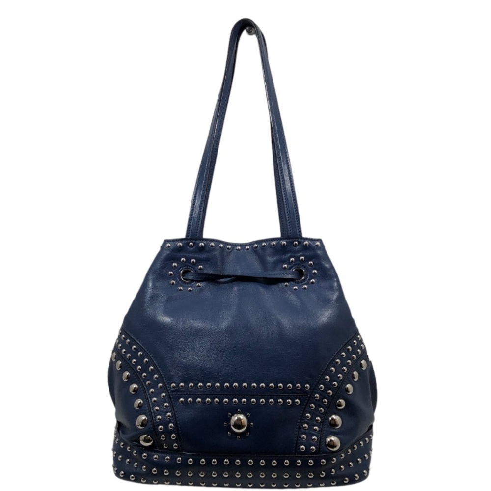 Prada Blue Tote Fringe Bag Studded Drawstring Leather